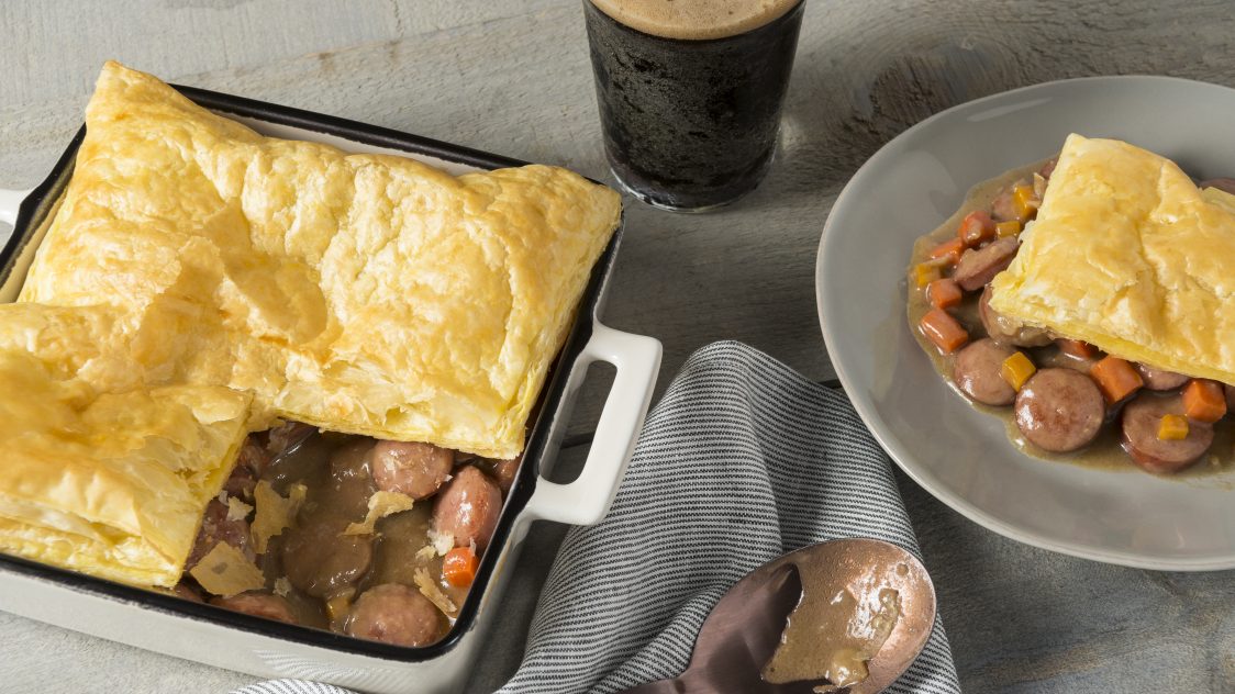 Sausage, Cheddar and Guinness Pie - Scott Pete