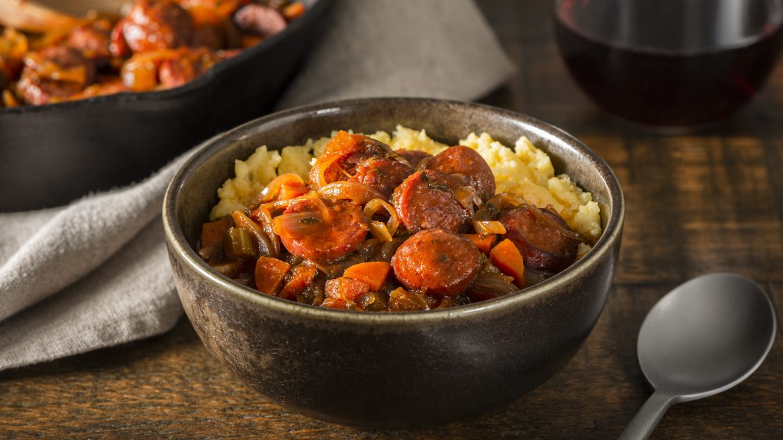 Red Wine-Braised Sausages with Polenta - Scott Pete